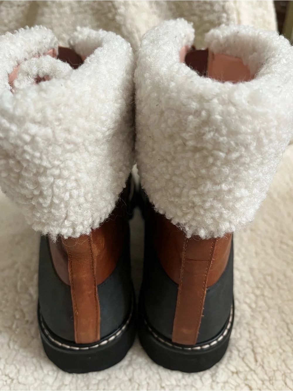 J. Crew Brown Leather & Black Rubber Shearling Cuff Ankle Boot Sz 11, BD826